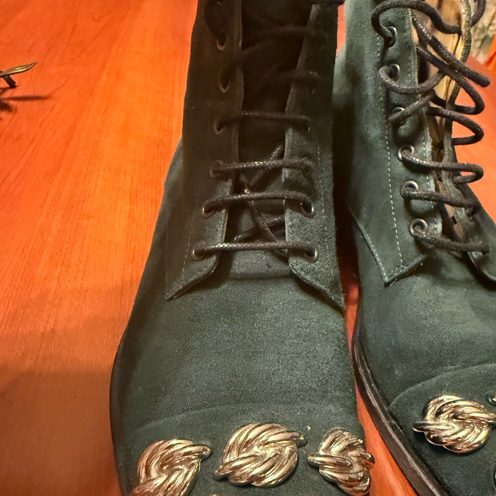 Women's Dark Green Suede Lace-Up Ankle Boots with Gold Leaf Accent - Picture 4 of 9